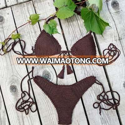 Maroon Brown Tassel bikini crochet swimwear crochet